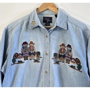 Women's Quizz Again Vintage 90's Chambray L/S Denim Shirt Sz Med Western Bears